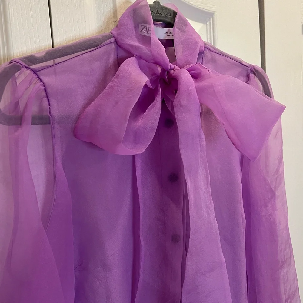 Zara Sheer Blouse with Bow- L - Picture 4 of 6